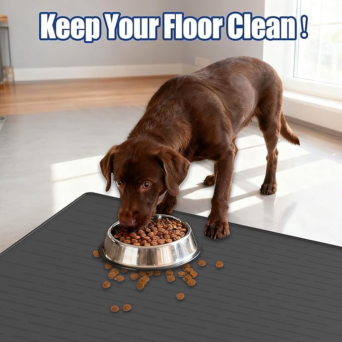 XXXXL Largest Pet Food Mat, 51.2"x25.6"(130cmx65cm) Silicone Dog Mats for Food and Water, Nonslip Pet Feeding Mats for Floors,Dog Cat Bowl Mat with Raised Edges, Dark Gray