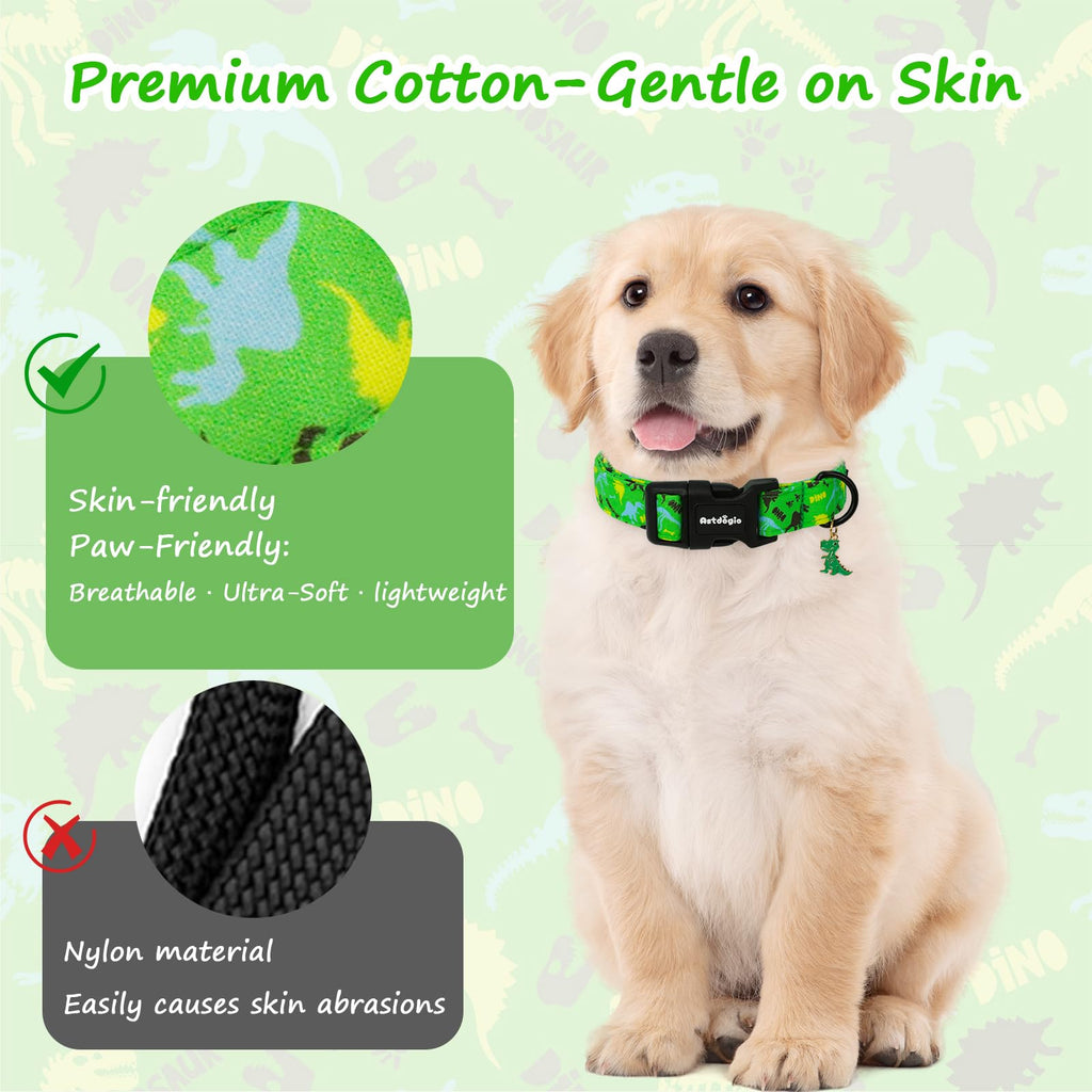 Astdogio Dog Collars for Small Medium Dogs, Dinosaur Dog Collars for Male Dogs，Adjustable Cotton Boy Dog Collars for Small Dogs，Ideal, Daily Photos & Pet Fashion Accessory, S