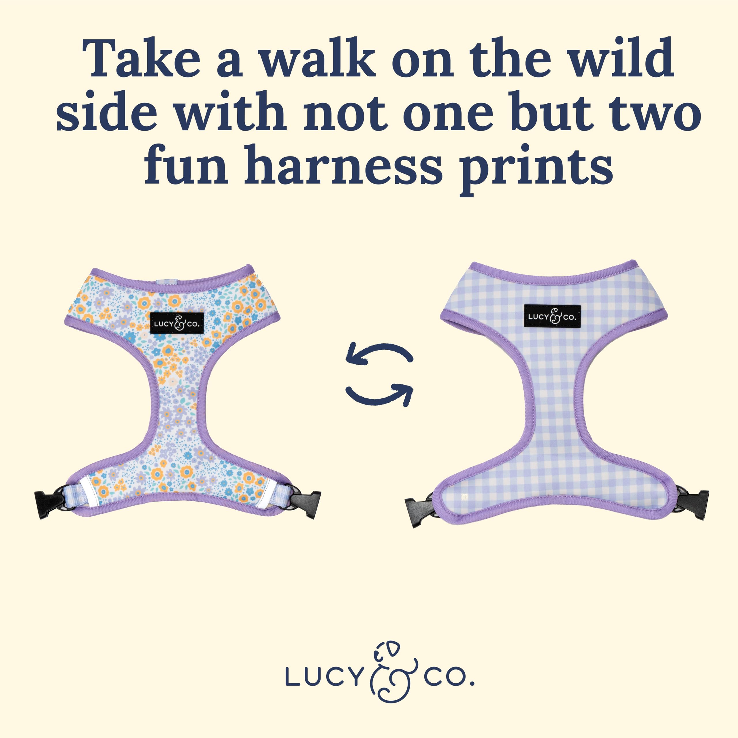 Lucy & Co. Reversible Dog Harness - Water-Repellent Neoprene, Dual-Print Design, Easy Swap Style, Adjustable Comfort Fit - Among Wildflowers Reversible Harness - X-Large