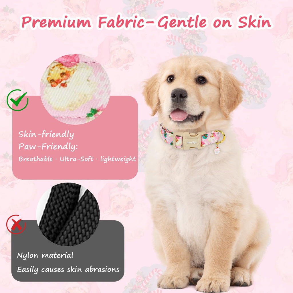 Astdogio Christmas Dog Collar for Medium Dogs, Adjustable Poly-Cotton Fabric Collar with Santa Pattern, Cute Pink Dog Collar for Dogs, Medium Dog Collars Girls Dog Collars