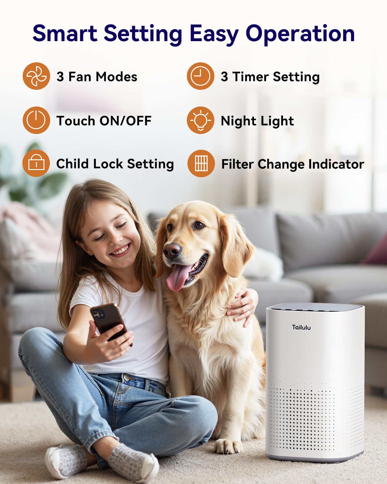 Tailulu H13 Ture HEPA Air Purifiers for Home Large Room up to 1500ft²
