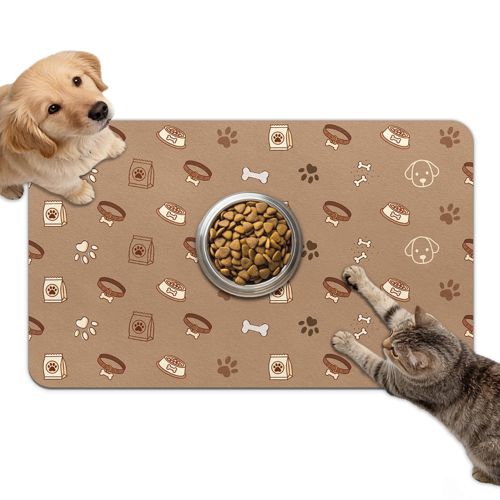 Dog Food Mat for Bowls, Absorbent Quick Dry Dog Cat Mats for Food and Water, Non-Slip Backing Pet Mat Pet Supplies - Bone Pattern