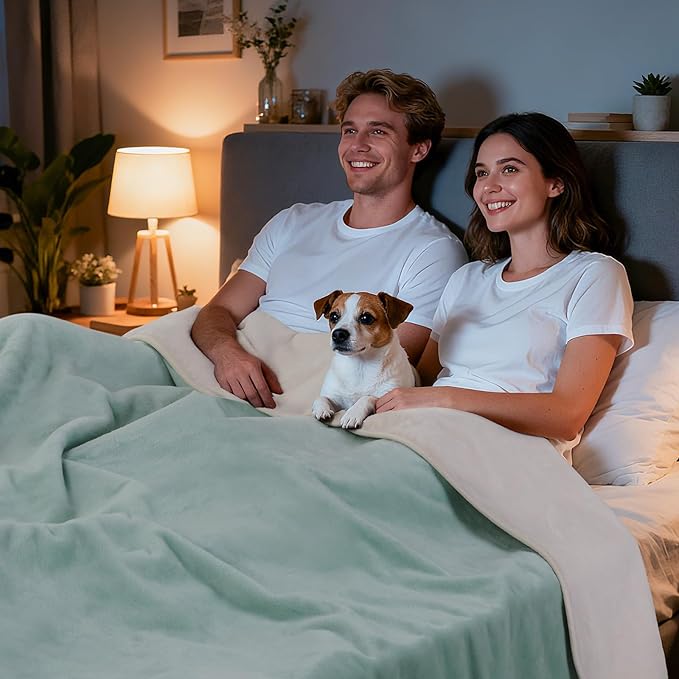 LOOBANI Waterproof Blanket for Bed: Reversible Soft Flannel Twin Bed Blanket 60" x 80", Leakproof Throw Spill-Proof Dog Pet Blanket for Couch, Sofa Protect, Movie Time, Camping, Travel, Green