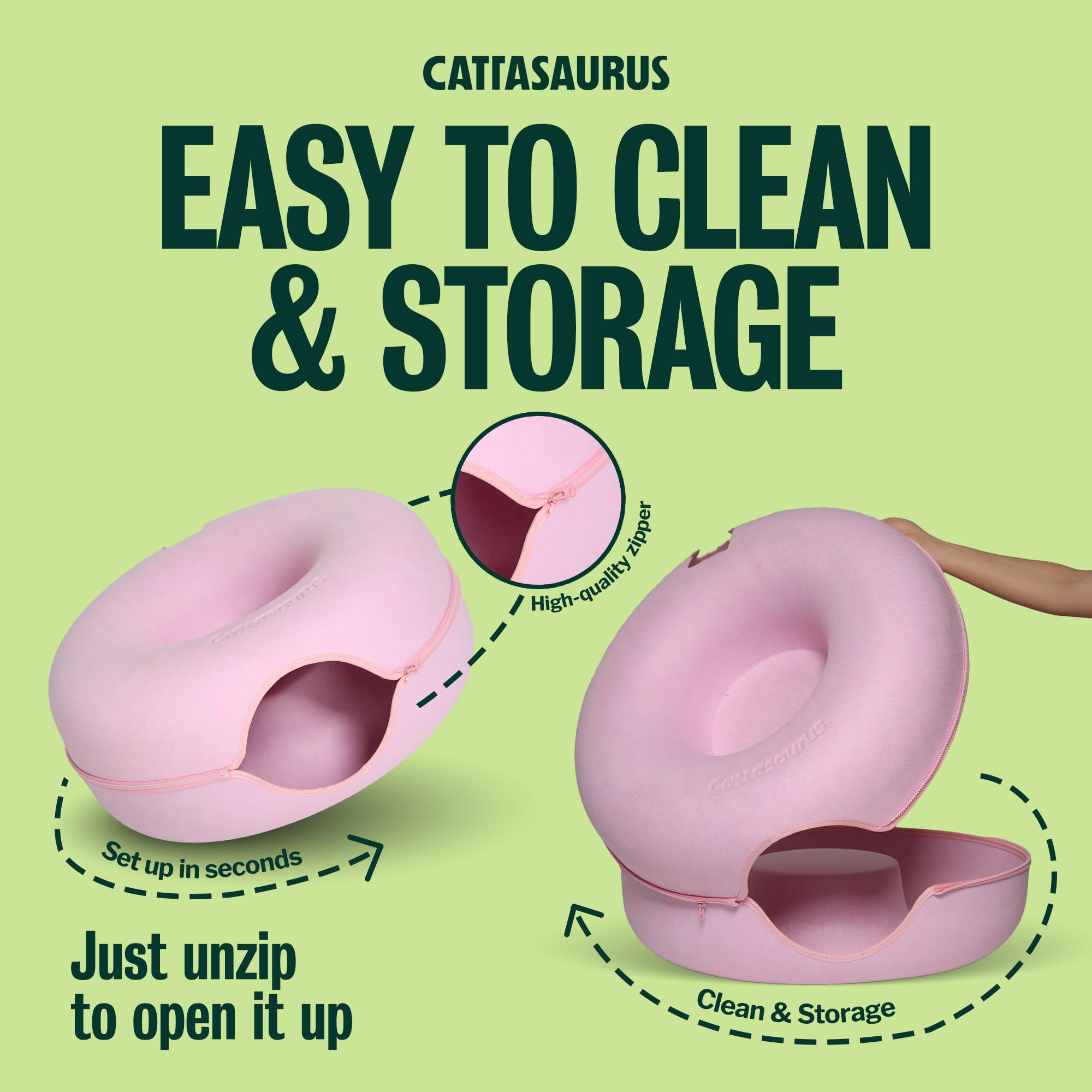Cattasaurus Peekaboo Cat Cave Donut for Multiple & Large Cats up to 30-45 lbs, 3-in-1 Self Warming Cat Bed, Tunnel & Scratcher for Indoor Cats, Washable & Detachable Small Dog Bed (Pink, Large)