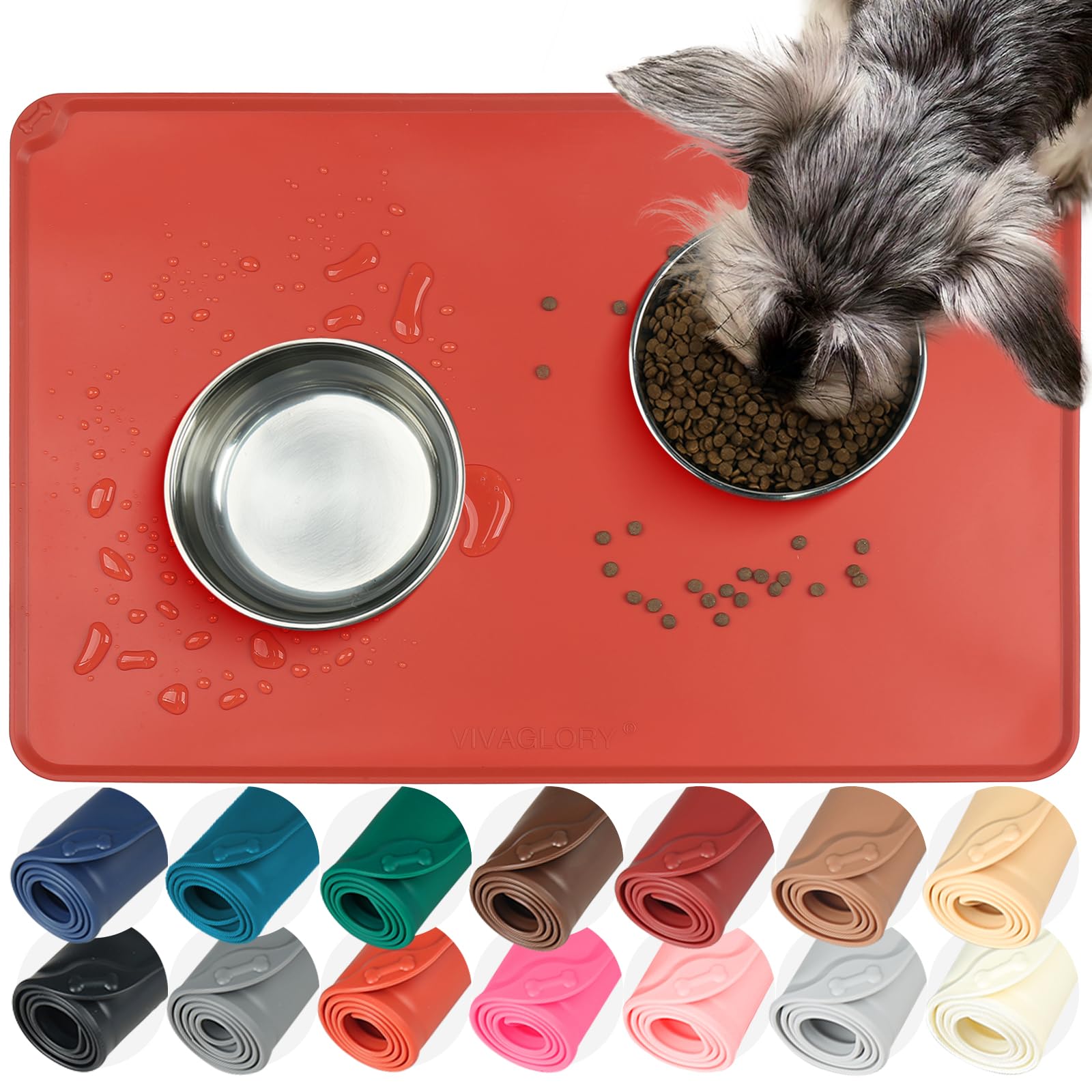 VIVAGLORY Pet Food Mat Flexmat Dog Bowl Mat, L, Orange