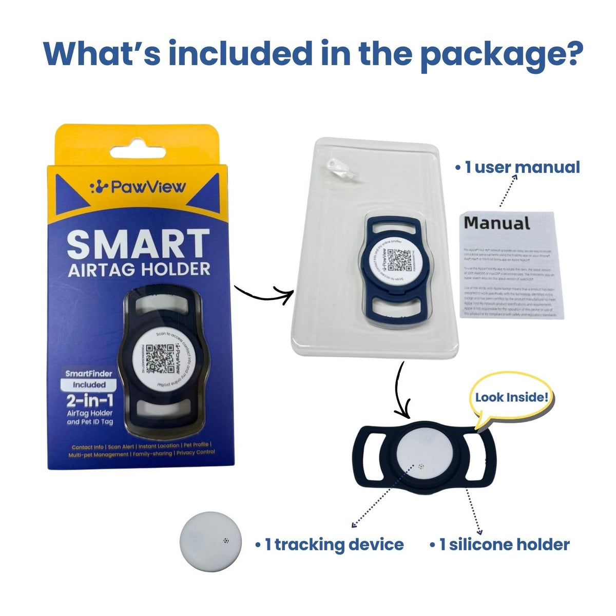 Smart Pet Tracker for Collar - Dog Trackers Location for Pet with Holder, No Monthly Fee, Real-Time Tracking, iOS Only, Emergency Contact, Long-Lasting, Anti-Lost Tracker for Cats, Bag Straps,Blue