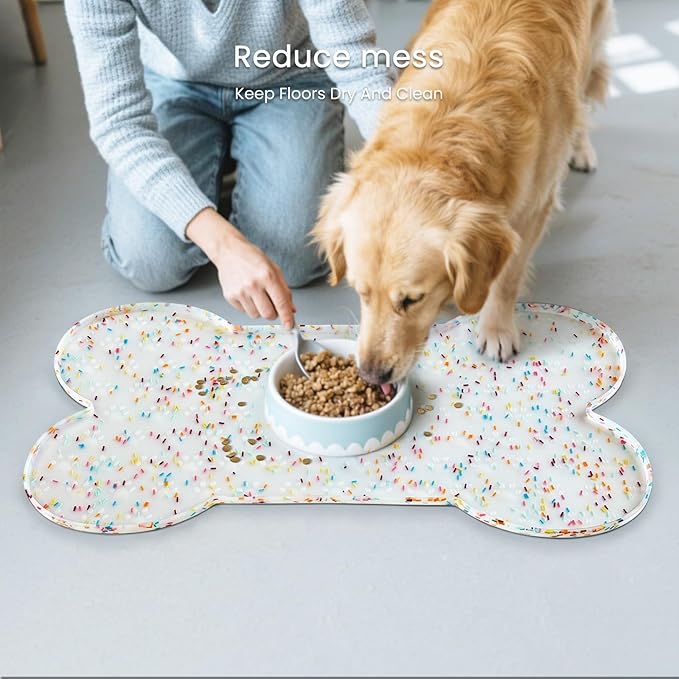 PWTAA Dog Food Mat Anti-Slip Silicone Dog Bowl Mat Thicker Pet Placemat Waterproof Cat Feeder Pad with Raised Edge Puppy Kitten Feeding Mats Suitable Small Medium-Sized Dogs Cats Eating Tray