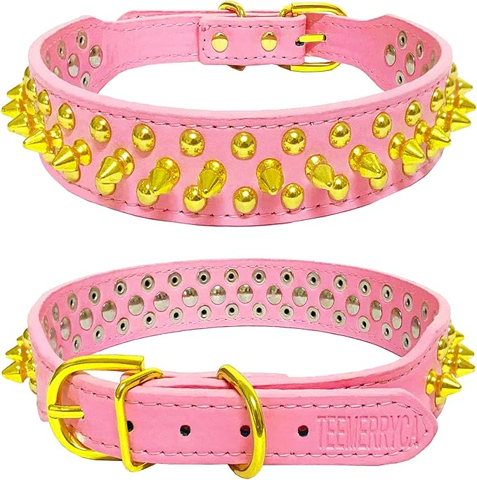 TEEMERRYCA Pink Leather Gold Spiked Studded Dog Collar for Female Puppy Small Medium Large Pets, Pit Bulls Bulldog, Keep Dog Safe from Grabbing by Huge Dogs, L(15"-18.5")