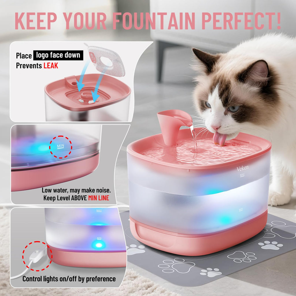Veken 85oz/2.5L Cat Water Fountain with Detachable Tank for Cat, Dog, Red