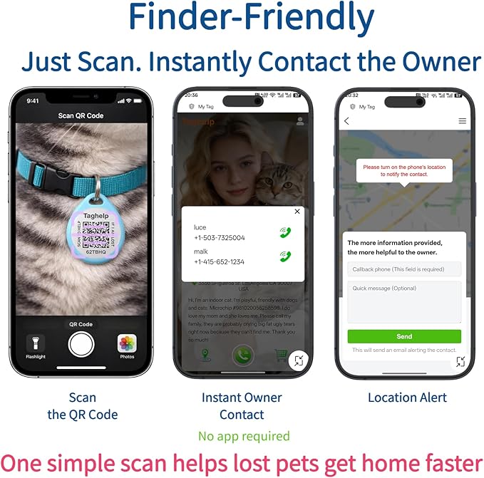 QR Code Cat ID Tag for Collar, Smart Pet ID with Free Online Profile, Instant Scan to Contact Owner, Silent Anti-Lost Cat Tag, No App or Subscription, Black 1”