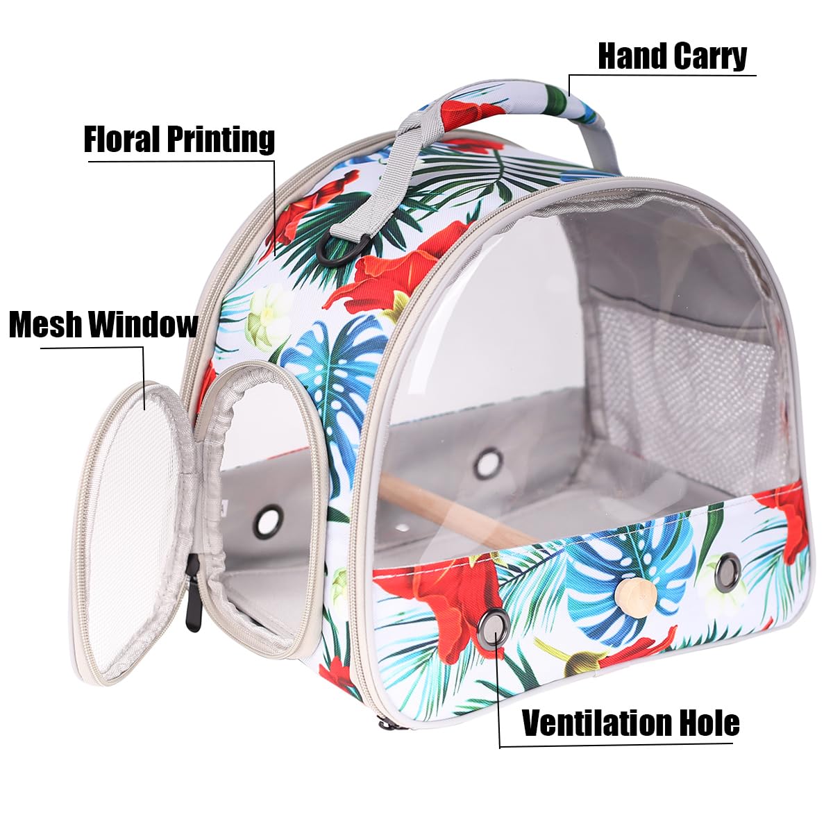ORIZZP Portable Small Bird Travel Carrier Cage with Stand Perch, Bird Carrier to Carry Parakeet Budgies Parrot Cockatiel Conure Outdoor, Front Clear Window with Floral Printing
