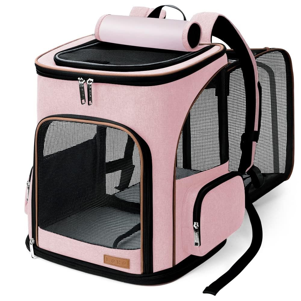 Lekereise Large Cat Backpack Carrier Expandable Pet Carrier Backpack for Small Dogs Medium Cats Fit Up to 18 Lbs, Foldable Puppy Backpack Carrier for Travel, Hiking, Pink