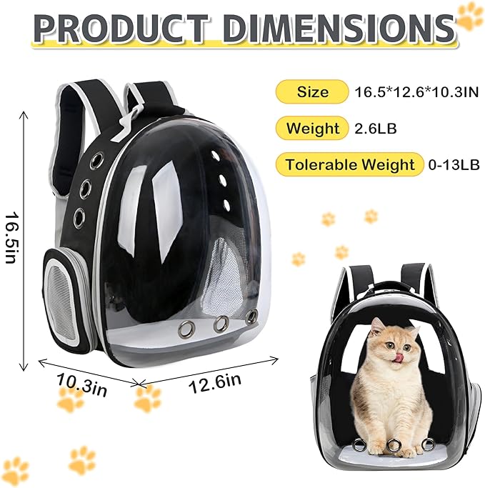 XZKING Cat Backpack Carrier Bubble Bag, Transparent Space Capsule Pet Carrier Dog Hiking Backpack, Small Dog Backpack Carrier for Cats Puppies Airline Approved Travel Carrier Outdoor Use Black