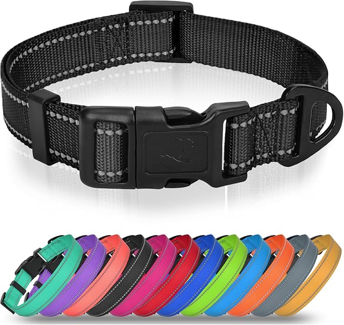 Joytale Dog Collar for Large Dogs, Strong Double-Sided Reflective Nylon Collar for Night Safety, Adjustable Quick-Release for Daily Walking, Black, L (1" Width)