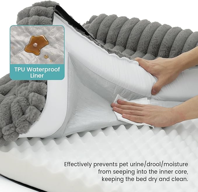 Cute Dog Bed for Extra Large Dogs, Faux Rabbit Fur Orthopedic Foam Dog Bed with Sides, Removable Washable Cover & Waterproof Lining, Comfortable Pet Couch, Grey (48" L x 35" W x 7.5" Th)