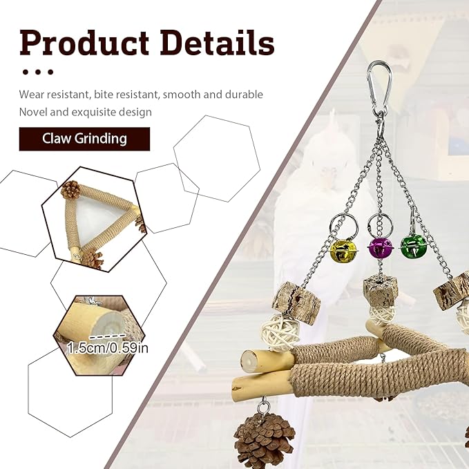 Bird Swing with 3 Bells & Natural Chew Toys – Triangular Perch Stand with Sisal Rope for Parakeets, Cockatiels, Lovebirds, Conures, Parrot – Stable Balance Trainer & Beak Care