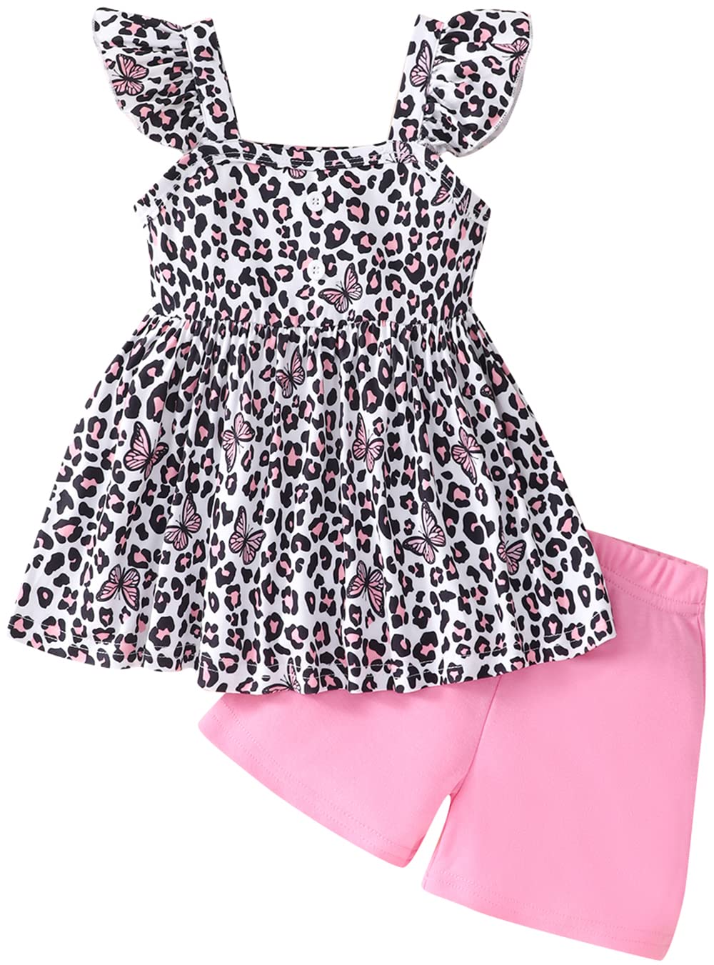 Popshion Girl's Summer 2 Piece Leopard Outfits Flutter Sleeve Butterfly Tank Top and and Cute Summer Short Set Toddler Clothing Set Size 4t/6657