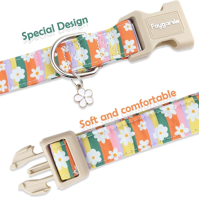 Faygarsle Colorful Floral Dog Collar, Cotton Fabric with Daisy Pattern, Multi-Color Stripes Spring Summer Design for Small Medium Large Dogs, XS