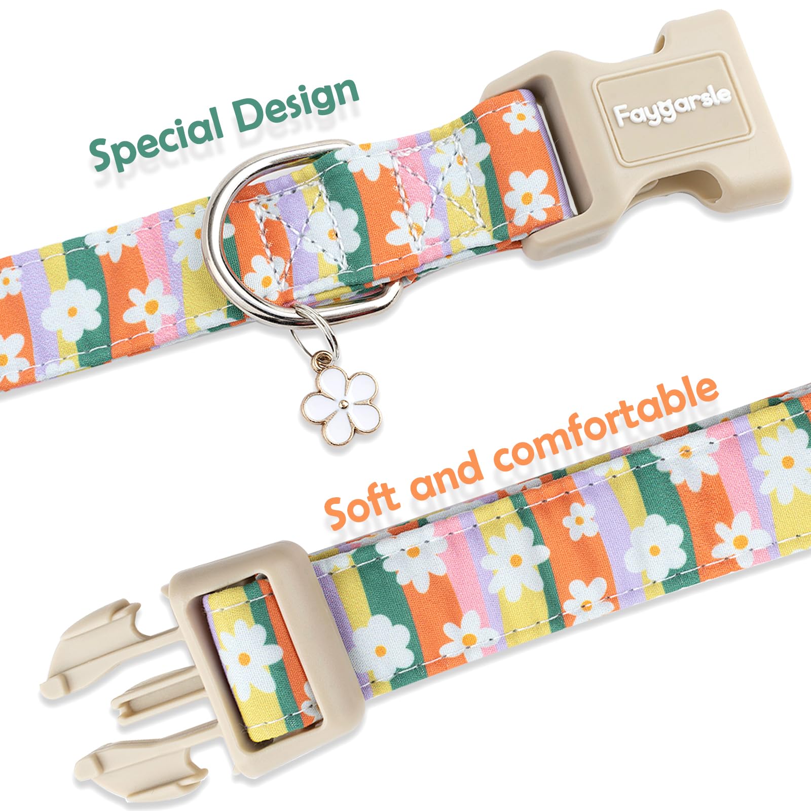 Faygarsle Colorful Floral Dog Collar, Cotton Fabric with Daisy Pattern, Multi-Color Stripes Spring Summer Design for Small Medium Large Dogs, S