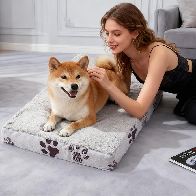 Waterproof Orthopedic Dog Bed for Large Medium Sized Dogs 35x22 Inch - Egg Crate Foam Pet Crate Bed with Removable Washable Cover, Plush Top Anti-Slip Bed Mat, Christmas Red