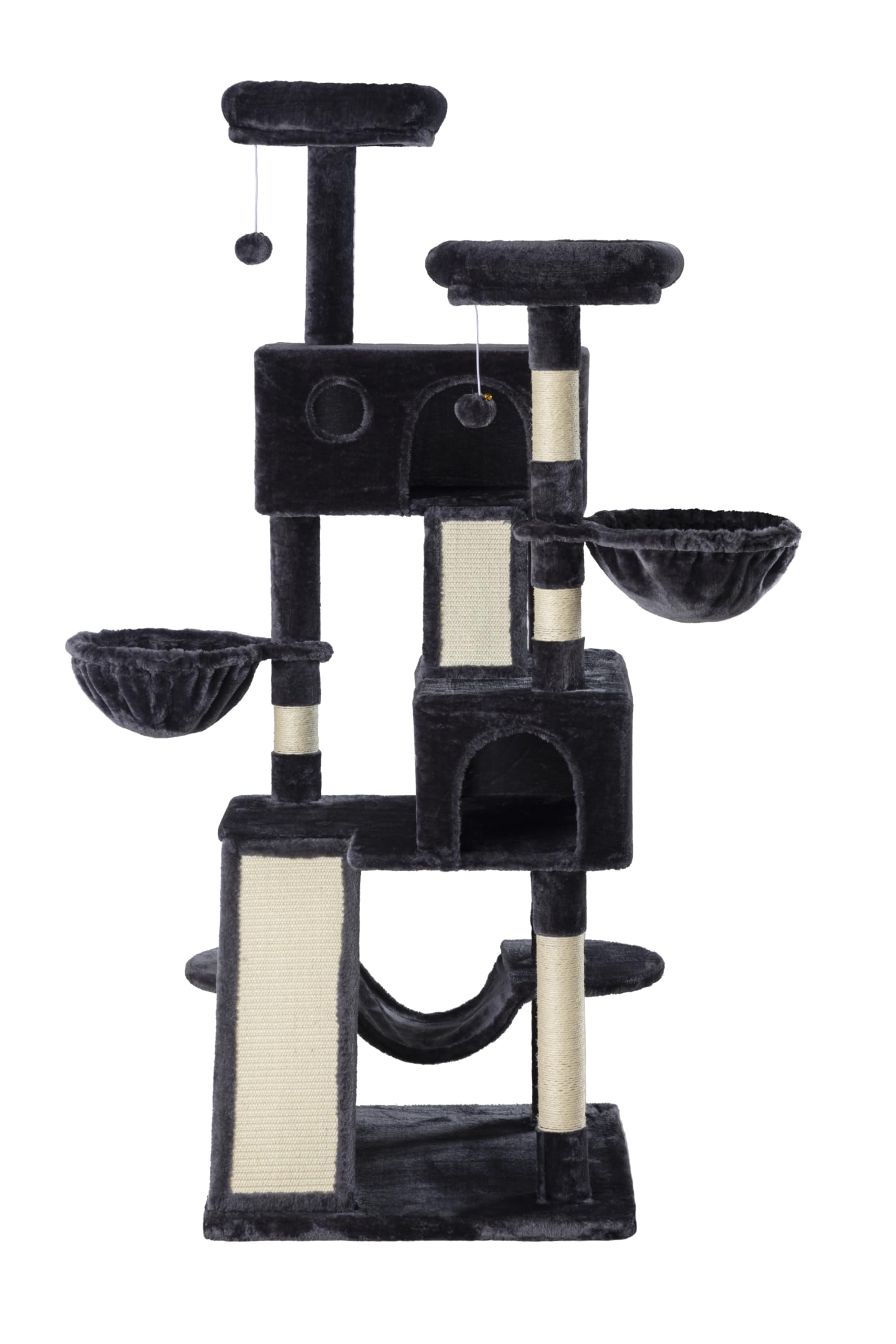 SHA CERLIN 65in Larger Cat Tree Tower Condo for Indoor Kitties/Multi-Level Furniture Activity Center with Wide Base/Cozy Plush Cat Perches/Baskets/Sisal Scratching Posts and Hammock/Dark Grey