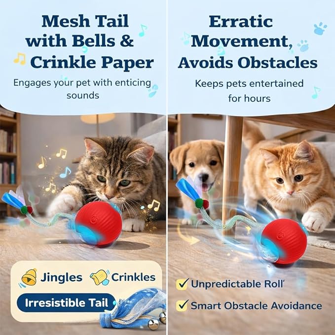 GlowPounce Interactive Cat Toys for Indoor Cats, Motion Activated Cat Toy Ball with Speedy Tail 2.0, Electric Cat Toy, Cat Toy Interactive, Smart Interactive Dog Toy Ball (Red/Green)