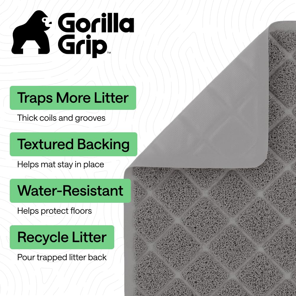 GORILLA GRIP Cat Litter Box Mat, 47x35, Cushioned Coil Mesh Litter Trapping Mats, Scatter Control Supplies for Less Mess, Phthalate Free, Ultra Deep Catch Grooves, Rinse or Vacuum to Clean, Gray