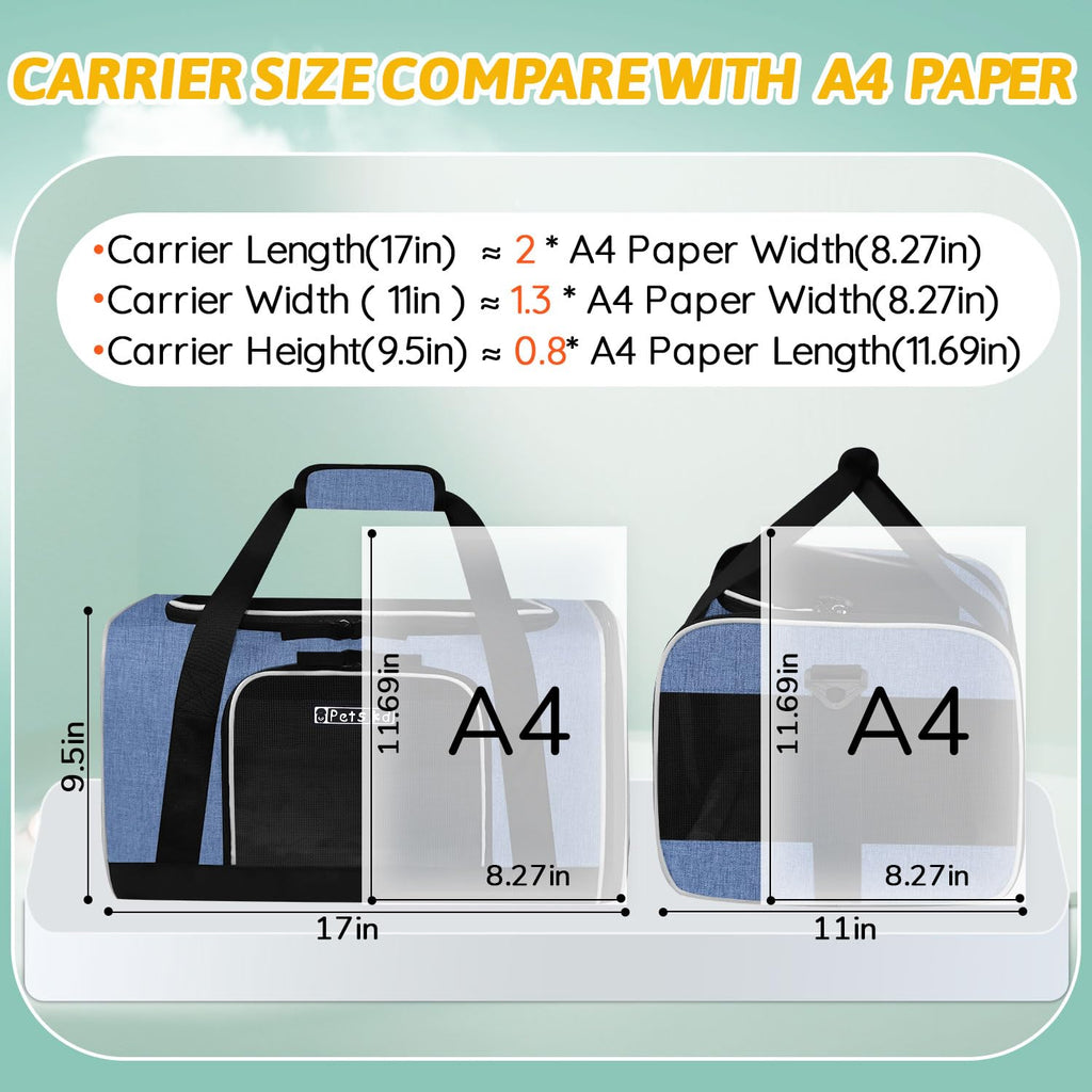 Petskd Small Pet Carrier 17" L x 11" W x 9.5" H Airline Approved, Blue