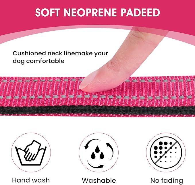 PenSeepet Reflective Dog Collar Padded with Soft Neoprene Breathable Quick Release Basic Dog Collars for Large Dogs Hot Pink Girl