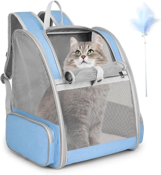 Cat Backpack Carrier, Large Pet Backpack with Kitten Wand Feather Toy for Medium Small Dog Cat Puppy Kitty Bunny up to 15lbs, Ventilated Mesh Dog Travel Carrier for Hiking Walking Outdoor Use (Pink)