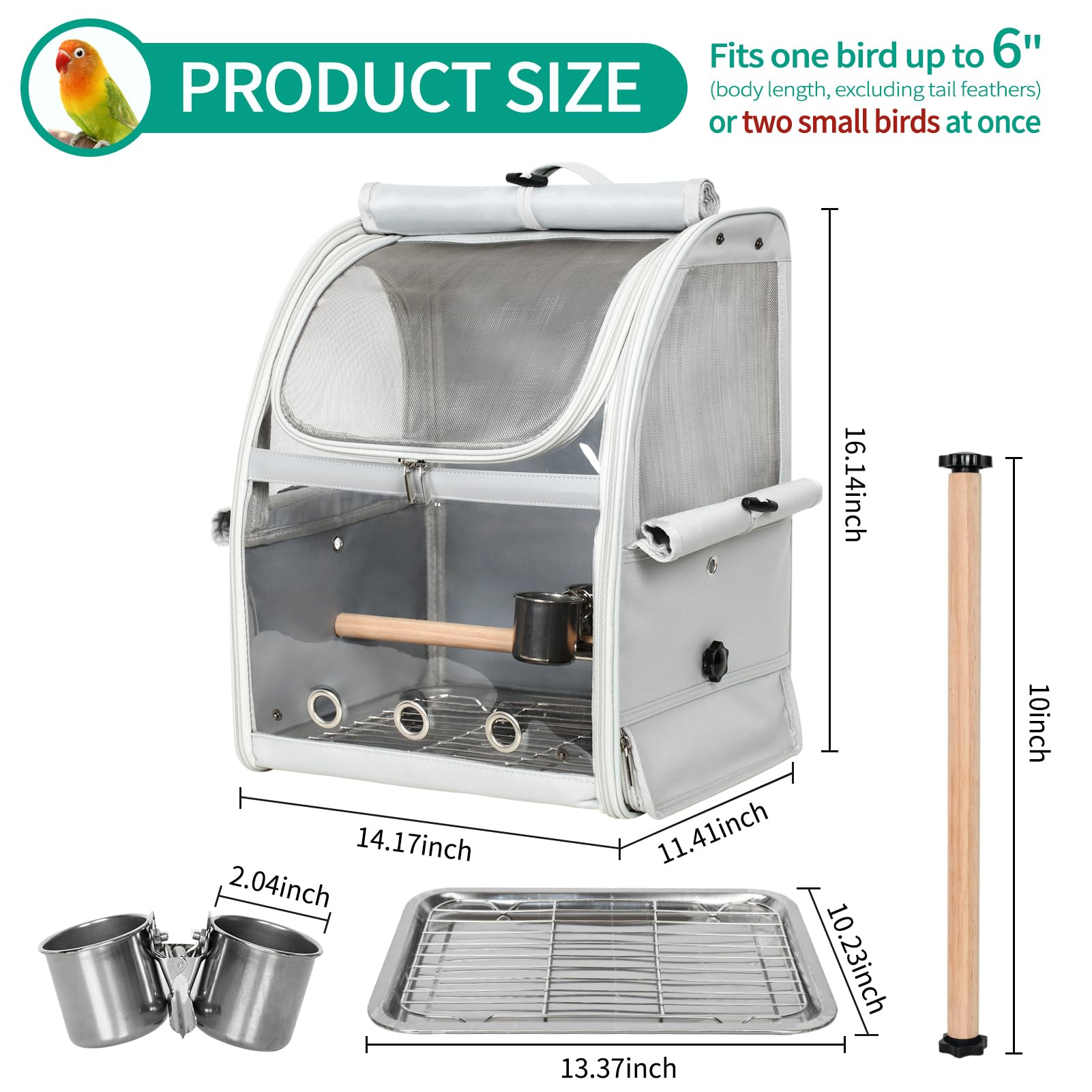 GREGCE Bird Carrier Bag, Bird Travel Cage with Standing Perch and Indestructible Stainless Steel Mesh, Protable Transparent Breathable Carrier with Feeder Cups for Small Birds Parrot Parakeet, Grey