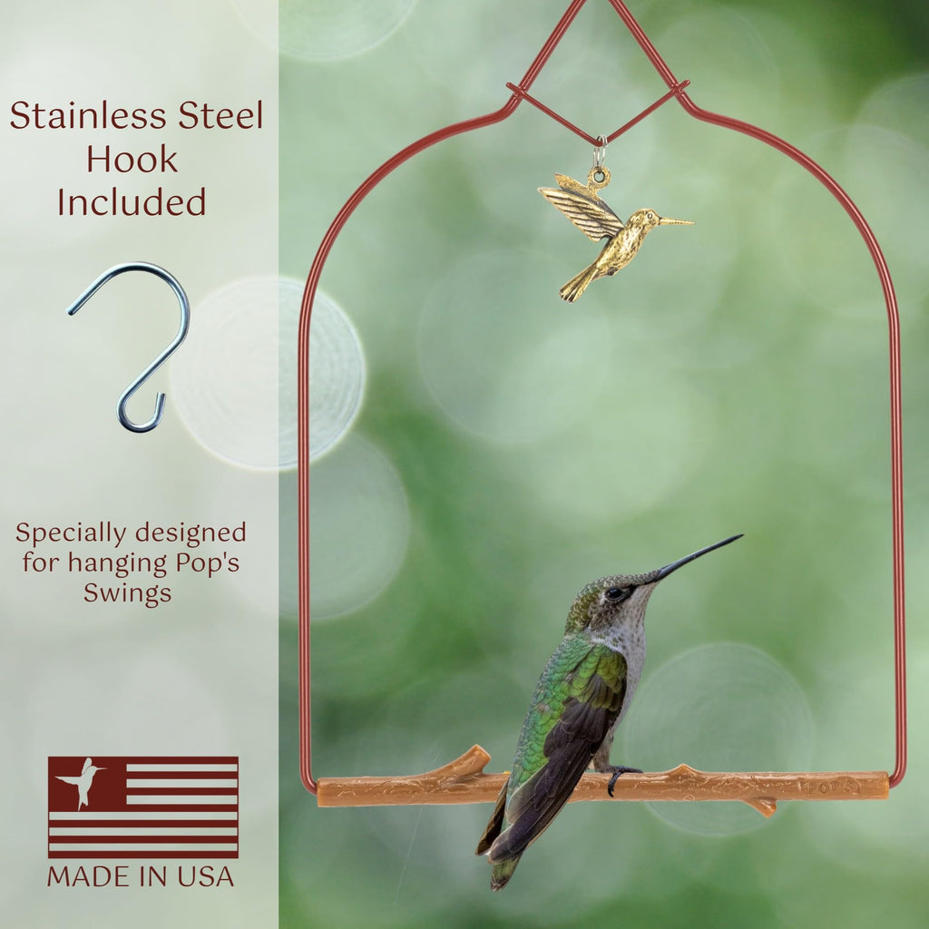 Pop's Birding Hummingbird Swing,USA Made Original Charm Humming Bird Swing for Outdoors - Perfect Bird Perch for Small Wild Birds Backyard Birding - 100% Made in USA, Hook Included