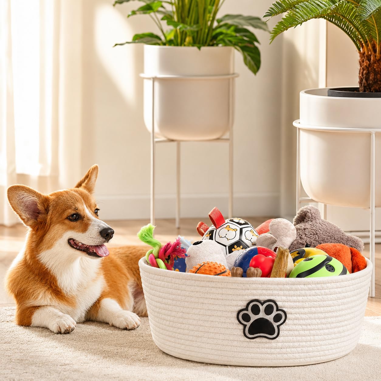 Woven Basket,Dog Toys Basket with Handle,Cute Cotton Gift Baskets Empty for Puppy Leash,Blanket Food, Accessories Pet and Household Storing