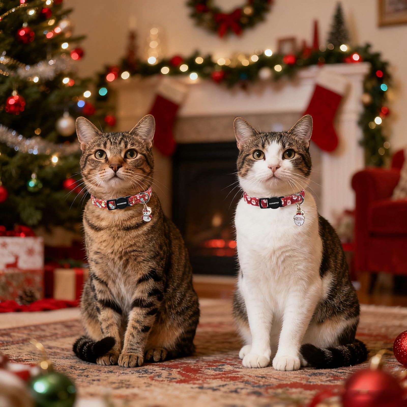 2 Pack Christmas Cat Collars Breakaway with Bell, DOGWONG Safety Buckle Santa Claus Christmas Tree Cute Cat Collar for Girl Boy Cats，Adjustable 7-12 Inch