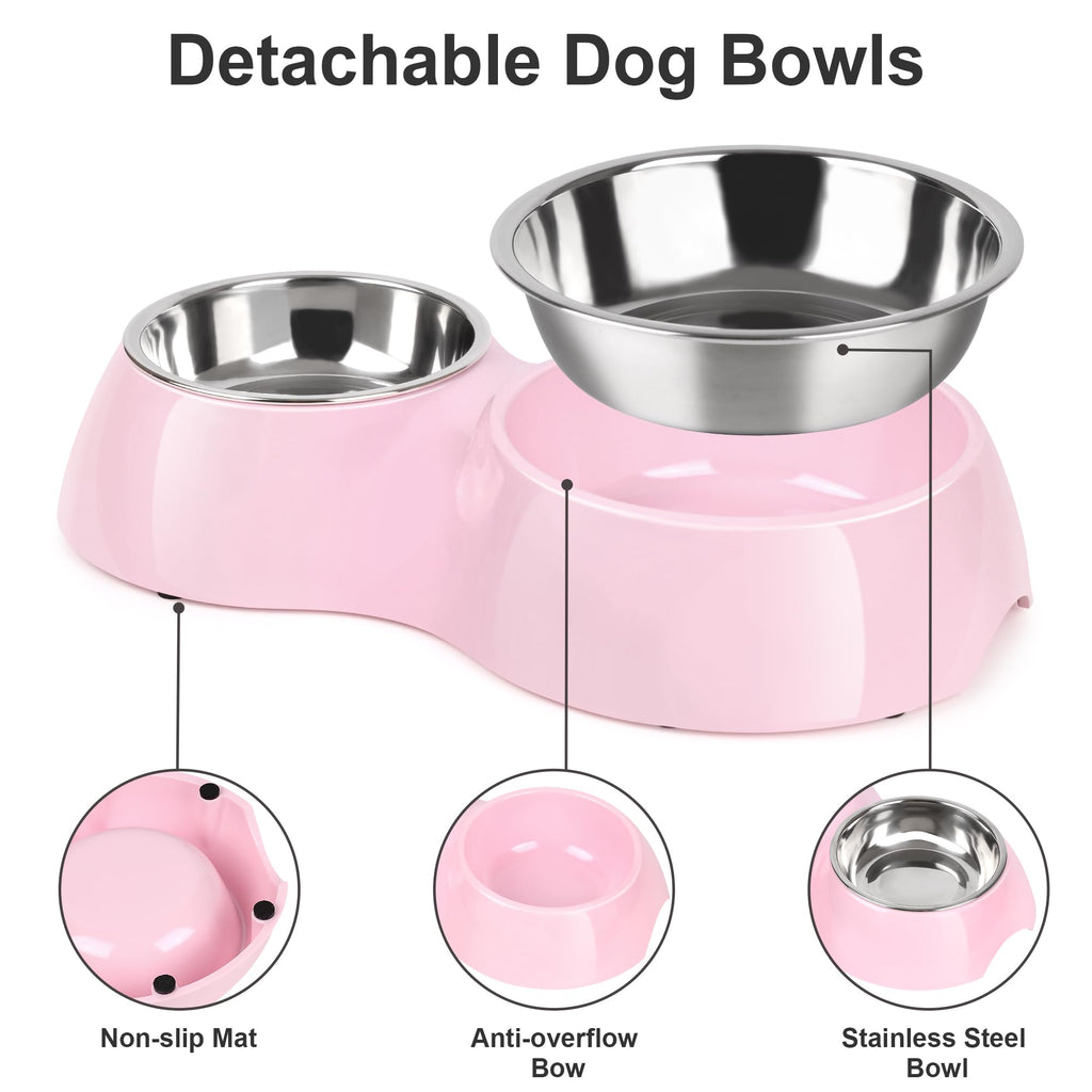 PetVillage Elevated Dog Bowls Set - Non-Slip Raised Pet Feeder with Medium (10 oz) & Large (20 oz) Stainless Steel Bowls - Includes Durable Resin Stand for Corgi Puppies and Adult Cats - Pink