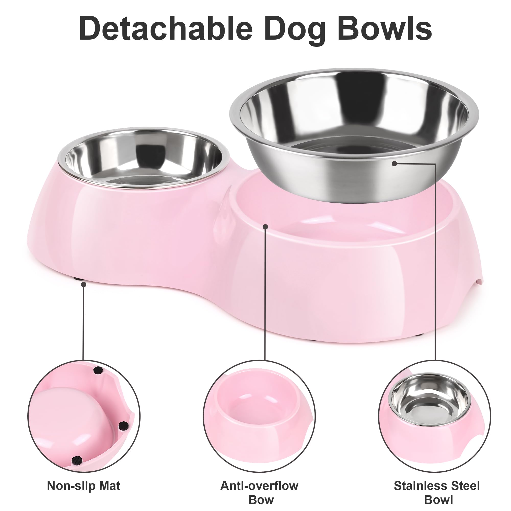 PetVillage Elevated Dog Bowls Set - Non-Slip Raised Pet Feeder with Medium (10 oz) & Large (20 oz) Stainless Steel Bowls - Includes Durable Resin Stand for Corgi Puppies and Adult Cats - Pink