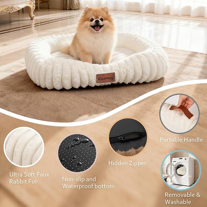 Washable Dog Bed for Medium Dogs – Soft Plush Calming Puppy Bed with Anti-Slip Bottom & Portable Handle, Orthopedic Rectangle Anti-Anxiety Pet Bed for Kennel/Crate, 30"x24"x5", Cream