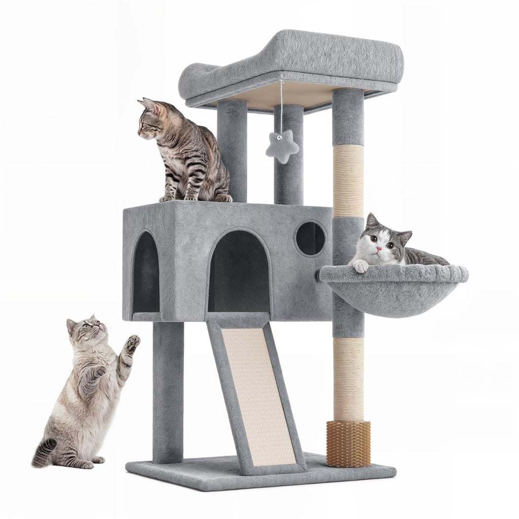 Polias 36-Inch Cat Tree Tower for Small and Medium Indoor Cats, Multi-Level Cat Furniture with Sisal Scratching Posts, Hammock, Condo & Scratching Board, Light Gray
