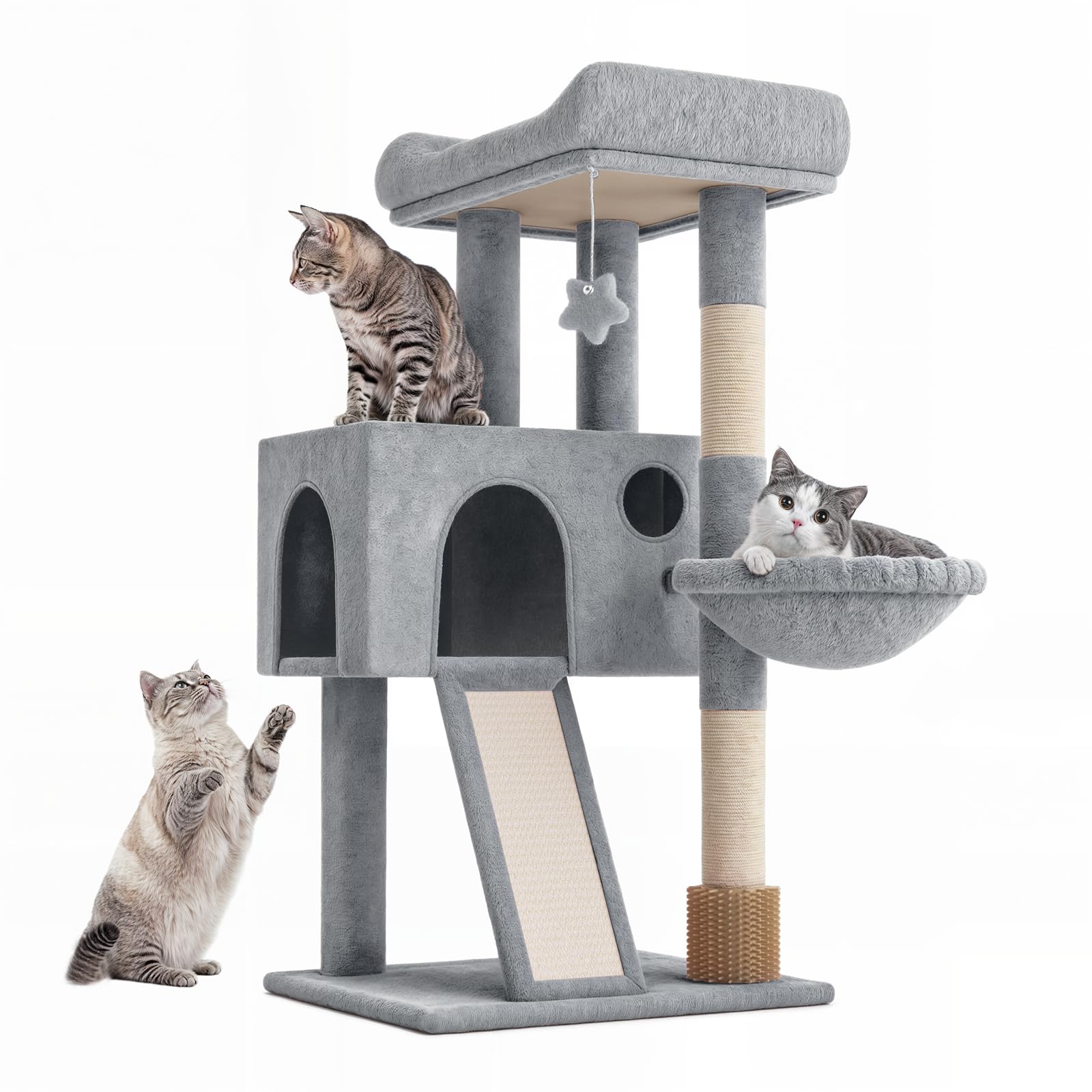 Polias 36-Inch Cat Tree Tower for Small and Medium Indoor Cats, Multi-Level Cat Furniture with Sisal Scratching Posts, Hammock, Condo & Scratching Board, Light Gray