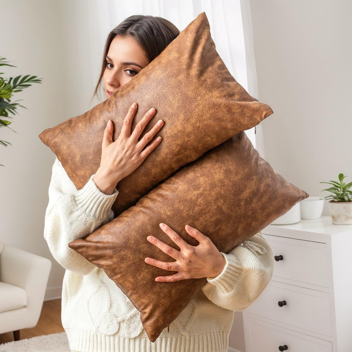 GEGELICA Pack of 4 Neutral Decorative Faux Leather Throw Pillow Covers