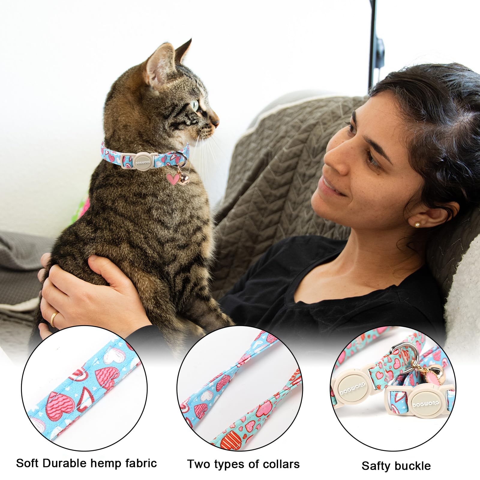 Cat Collar,2 Pack Valentines Day Cat Collar Breakaway,Safety Adjustable Collars with Bell for Kitten，Adjustable 7-12 Inch,Pet Supplies Accessories