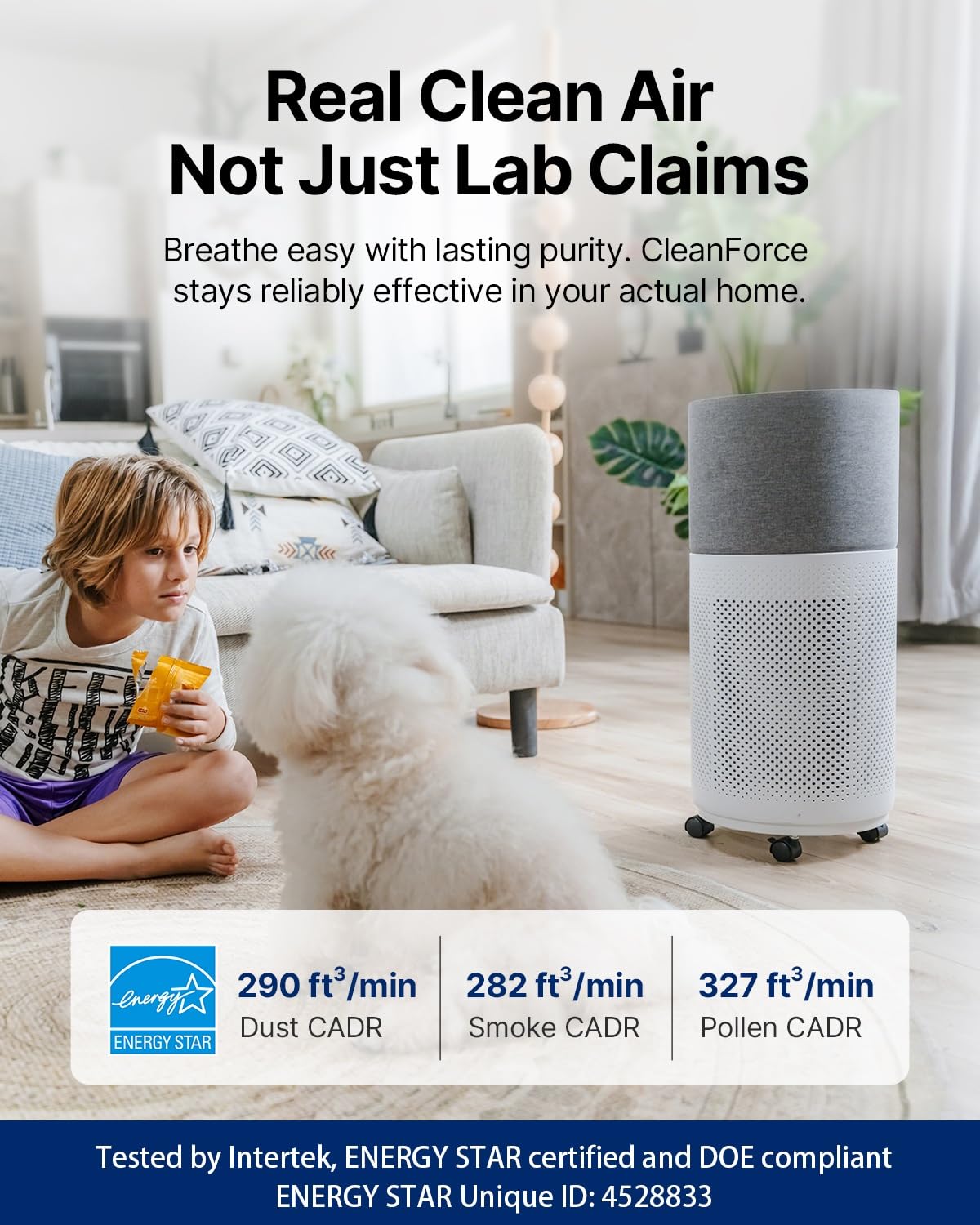 CleanForce Air Purifier for Large Room up to 2,250 ft², H13-Grade HEPA Filtration & Activated Carbon Layer, Captures Dust, Pollen, Smoke & Pet Dander | Smart App & Alexa | Gray, Rainbow Series
