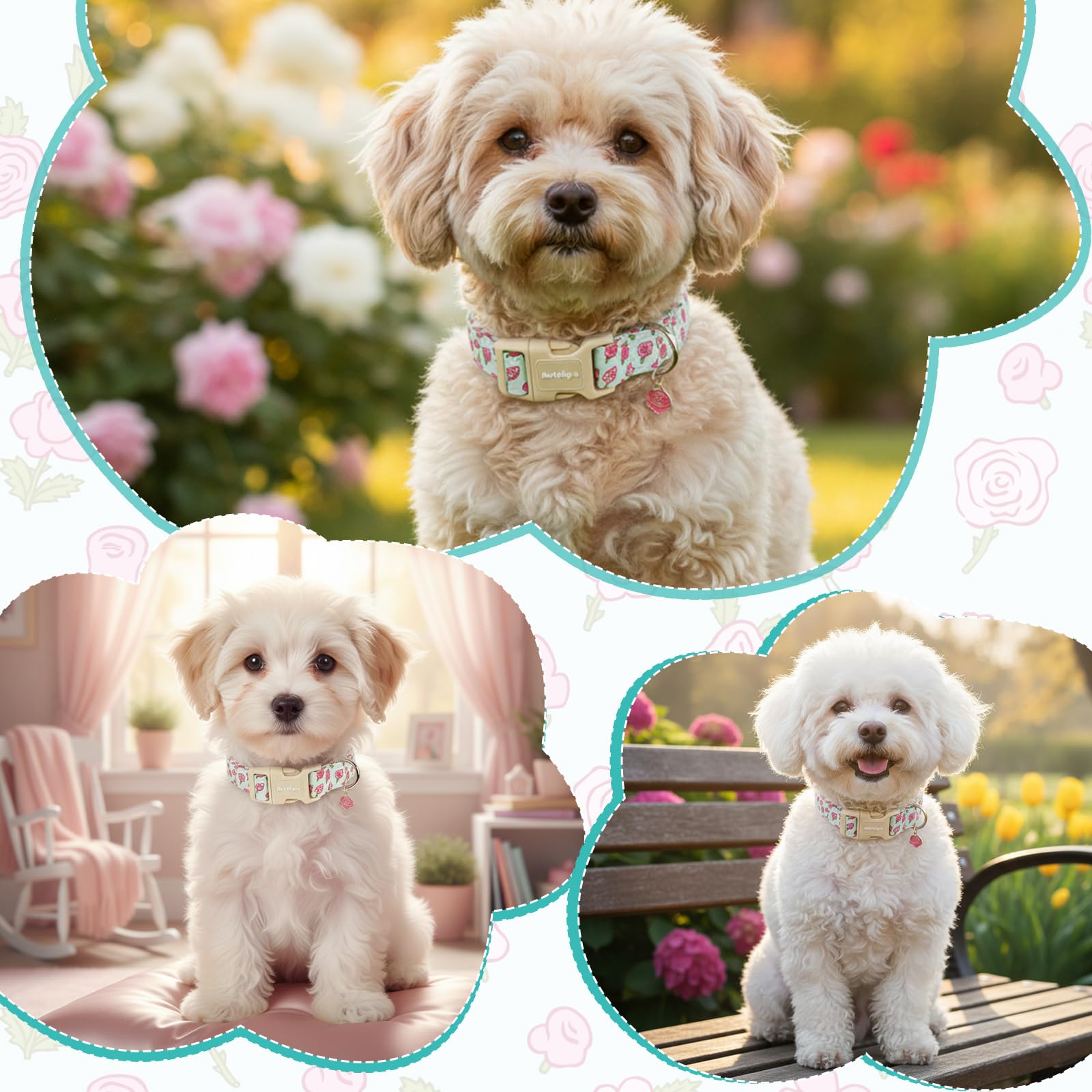 Astdogio Cotton Dog Collar, Blue Dog Collar with Flowers Pattern for Spring Summer Design, Adjustable Puppy Dog Collars, Cute Girl or Boy Dog Collar Ideal for Gifts,Pet Accessory,S