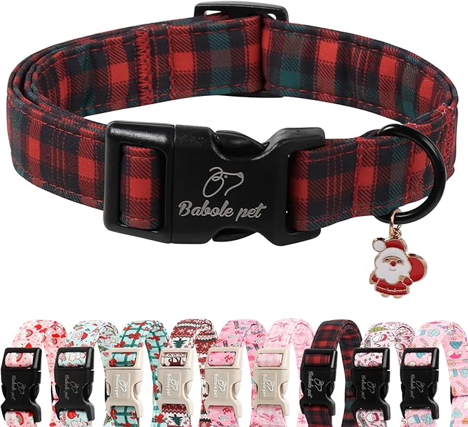 Babole Pet Christmas Dog Collar for Medium Dogs - Vintage Red Green Tartan Christmas Collars for Dogs, Soft Adjustable Winter Holiday Dog Collars with Quick Release Buckle M