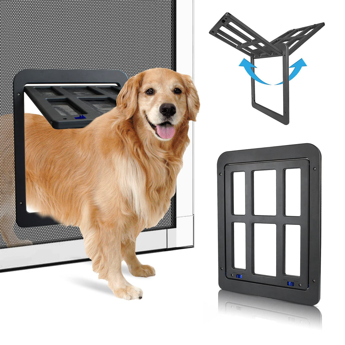 PETLESO Small Pet Door for Screen & Sliding Doors - 8.3" x 10.3" Magnetic Auto-Close Flap with Lockable Insert, Ideal for Cats & Small Dogs, Black