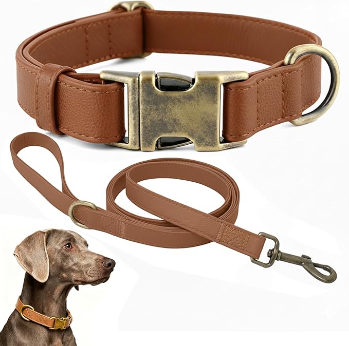 Dog Collar and Leash Set,Leather Silicone Waterproof Odor-Proof Dog Collar and Leash for Medium Dogs, Soft Flexible Dog Collars, Durable Thick Adjustable Pet Collar (Brown, Medium (12.5-20" Neck))