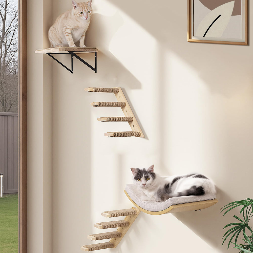 PELUOMOZ Cat Wall Stairs and Wall Shelves, 4 Piece Wood Cats Furniture Set, Padded Curved Bed with Foam, Flat Shelf & Climbing 4 Steps Stairs for Large Indoor Cats