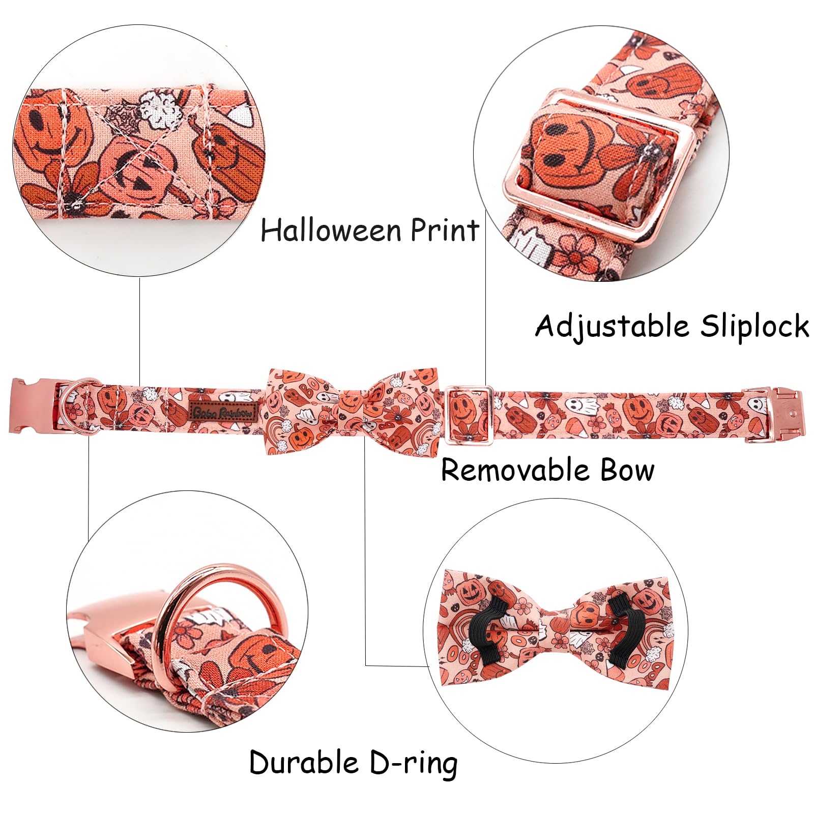 Bobo Rainbow Halloween Dog Collar, Pet Collar Dog Bow Pumpkin Girl Boy Holiday Pet Collar Gift Cute Soft Puppy Collar for Large Dogs