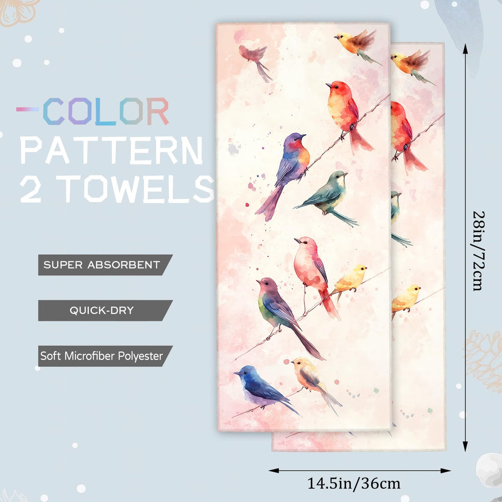 amepay Colorful Bird Hand Towels - 2 Pack, 14.5" X 28",Soft Microfiber Polyester Towel Set with Watercolor Birds Pattern,for Fun Bathroom Kitchen Spa Hotel Decor Gifts Nature-Inspired Look