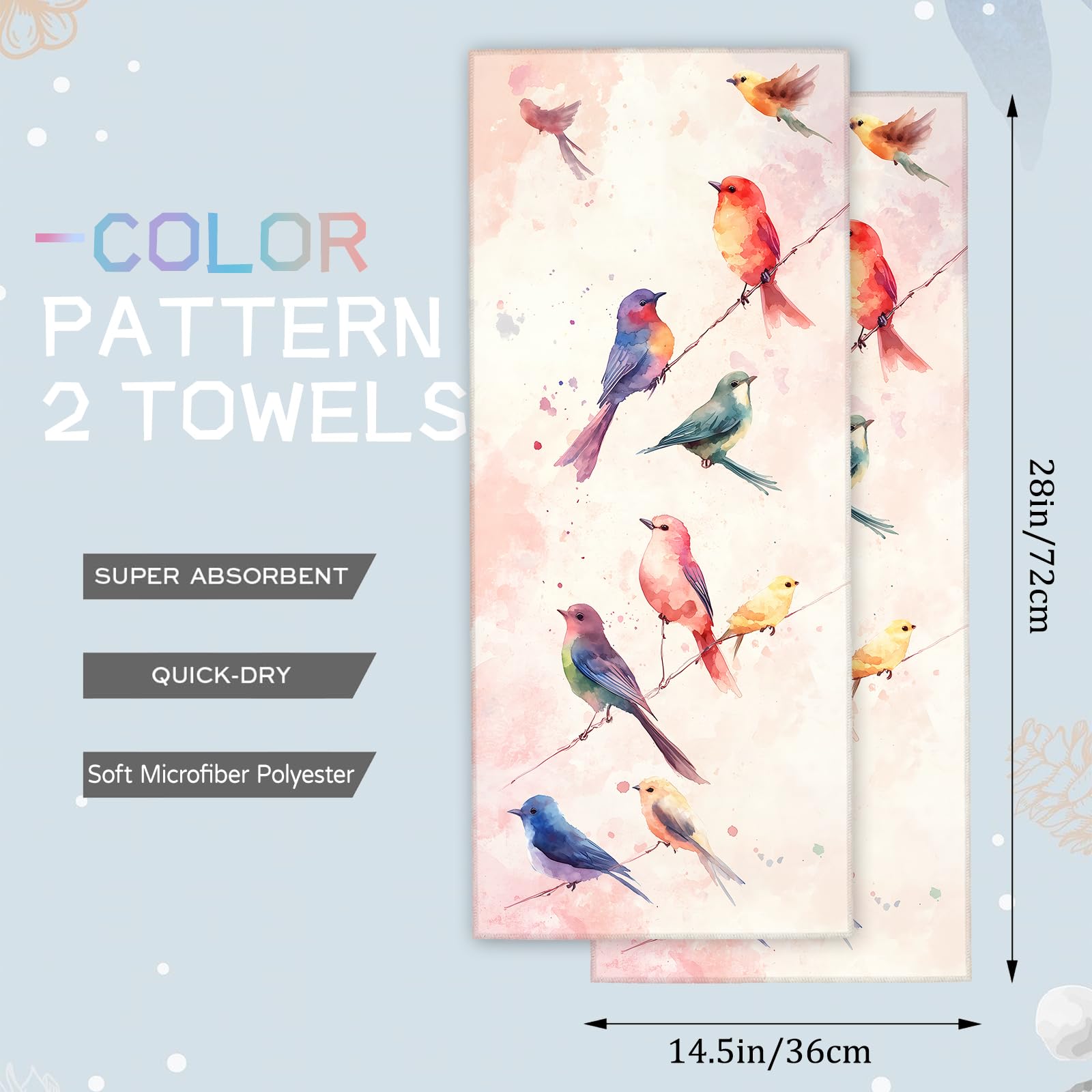 amepay Colorful Bird Hand Towels - 2 Pack, 14.5" X 28",Soft Microfiber Polyester Towel Set with Watercolor Birds Pattern,for Fun Bathroom Kitchen Spa Hotel Decor Gifts Nature-Inspired Look
